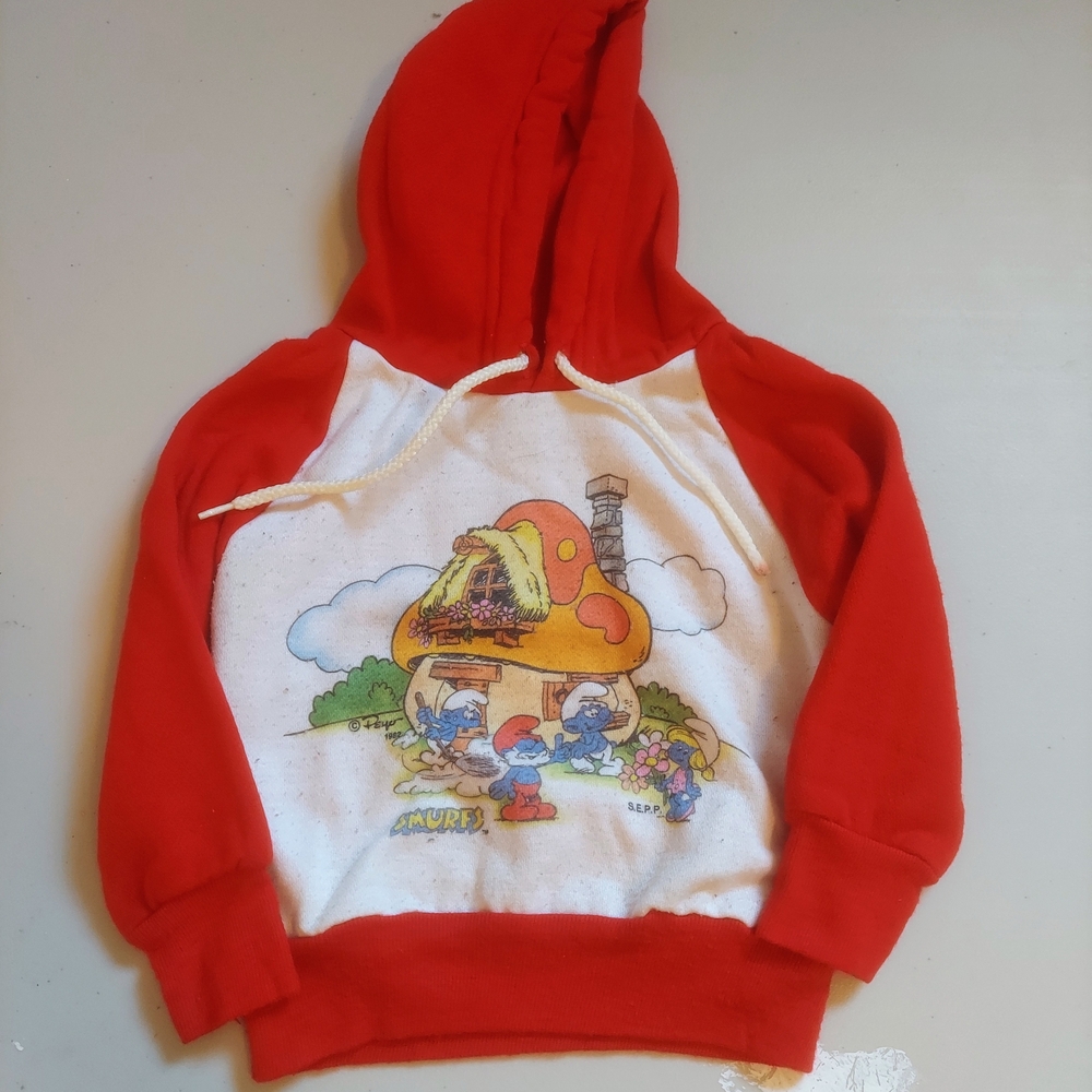 Vintage 80s Kids Hoodie with Smurfs Print